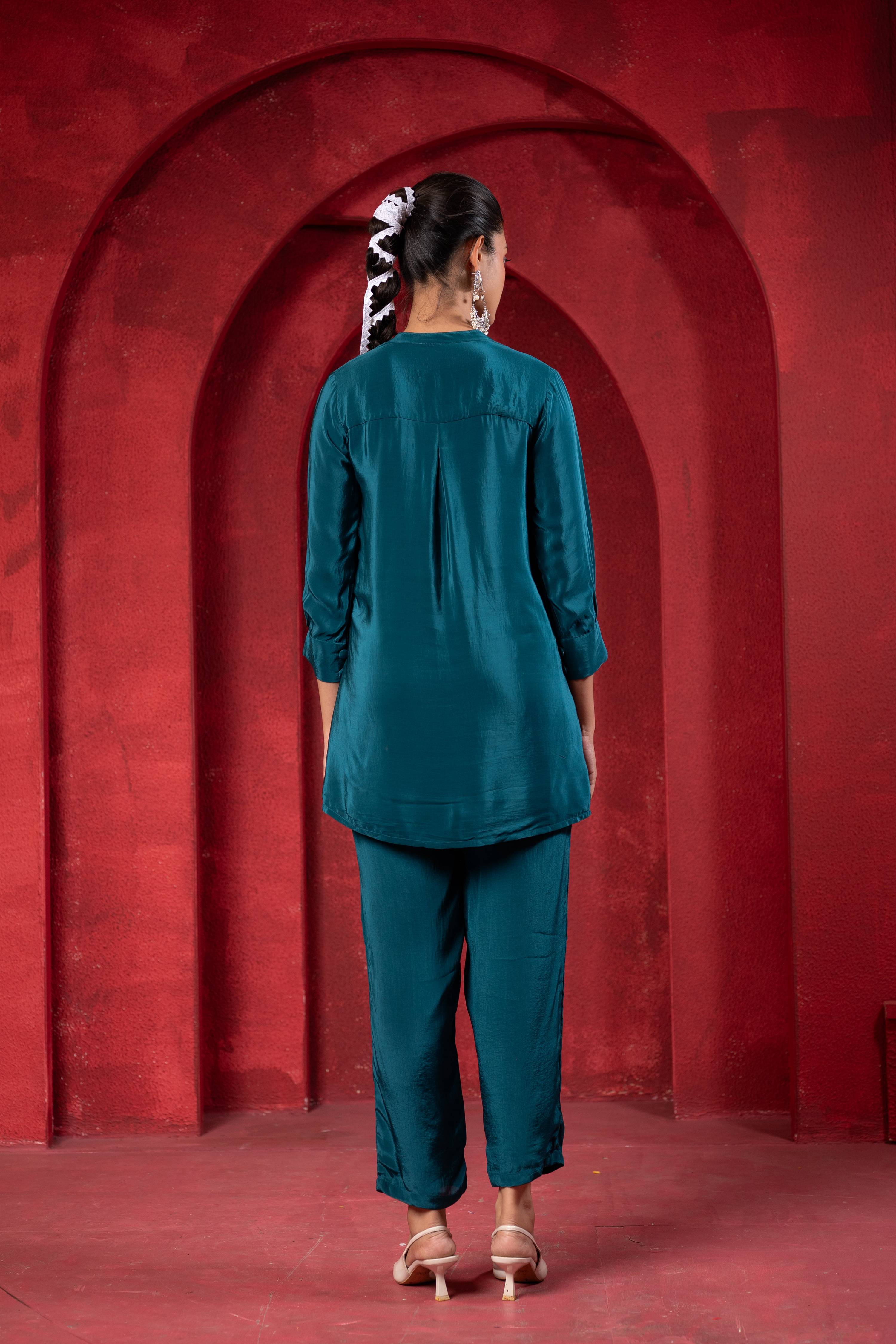 Juniper Teal Embellished Viscose Co-Ord Set With Bead Detailing | Grocsy