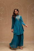 Juniper Teal Solid Poly Georgette Tunic And Sharara Co-Ord Set With Sequence And Zari Work | Grocsy