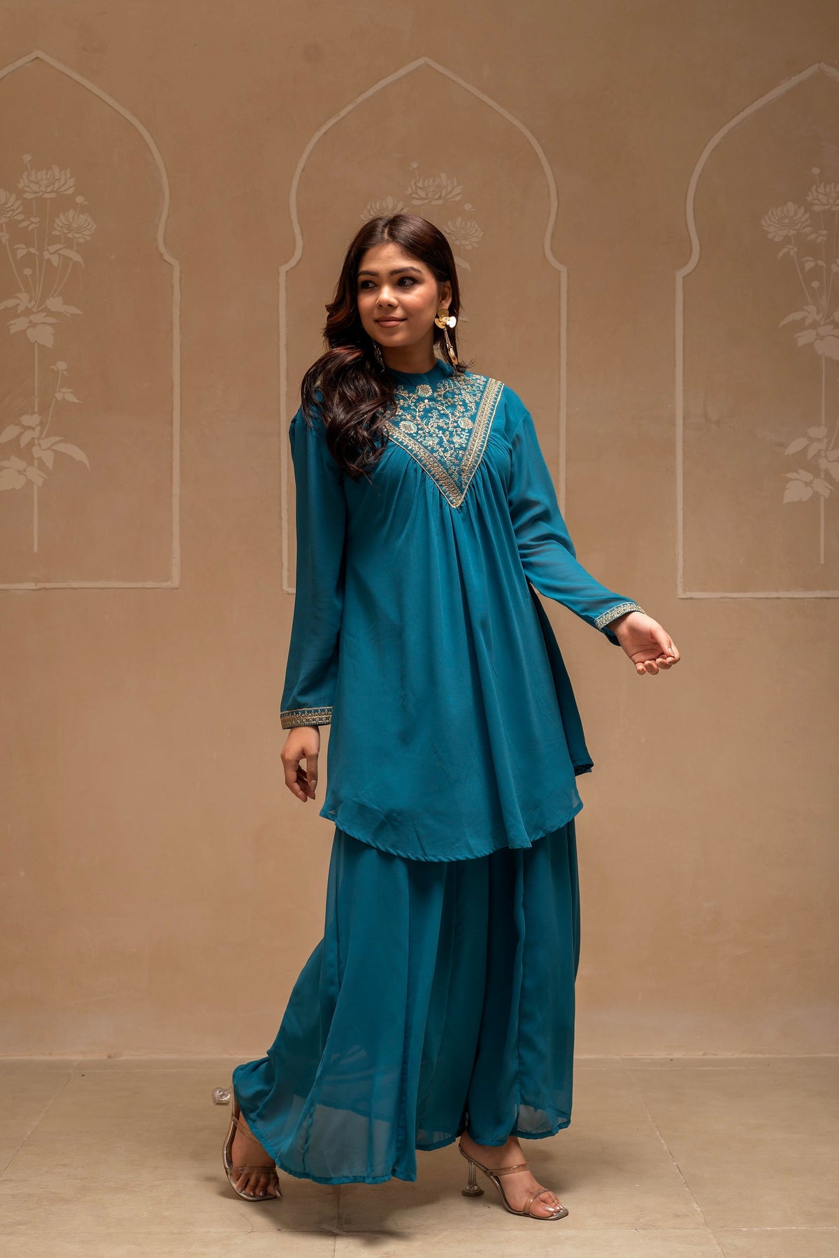 Juniper Teal Solid Poly Georgette Tunic And Sharara Co-Ord Set With Sequence And Zari Work | Grocsy