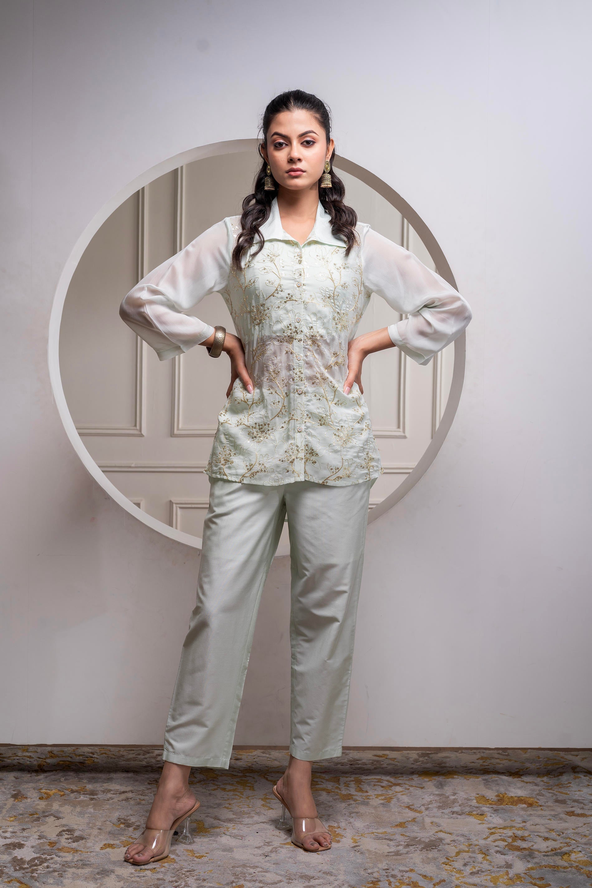 Juniper Mintgreen Solid Viscose Shirt, Cami And Pant Co-Ord Set With Sequence And Zari Work | Grocsy