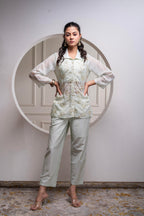 Juniper Mintgreen Solid Viscose Shirt, Cami And Pant Co-Ord Set With Sequence And Zari Work | Grocsy