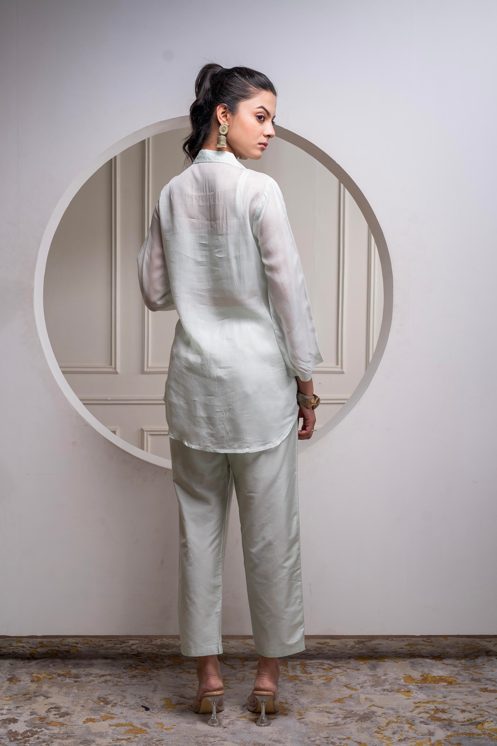Juniper Mintgreen Solid Viscose Shirt, Cami And Pant Co-Ord Set With Sequence And Zari Work | Grocsy