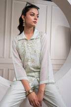Juniper Mintgreen Solid Viscose Shirt, Cami And Pant Co-Ord Set With Sequence And Zari Work | Grocsy