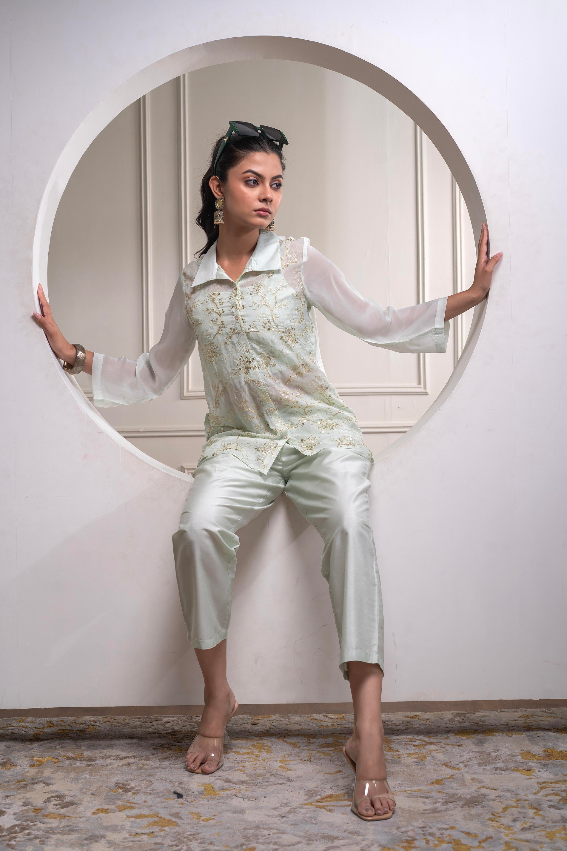 Juniper Mintgreen Solid Viscose Shirt, Cami And Pant Co-Ord Set With Sequence And Zari Work | Grocsy