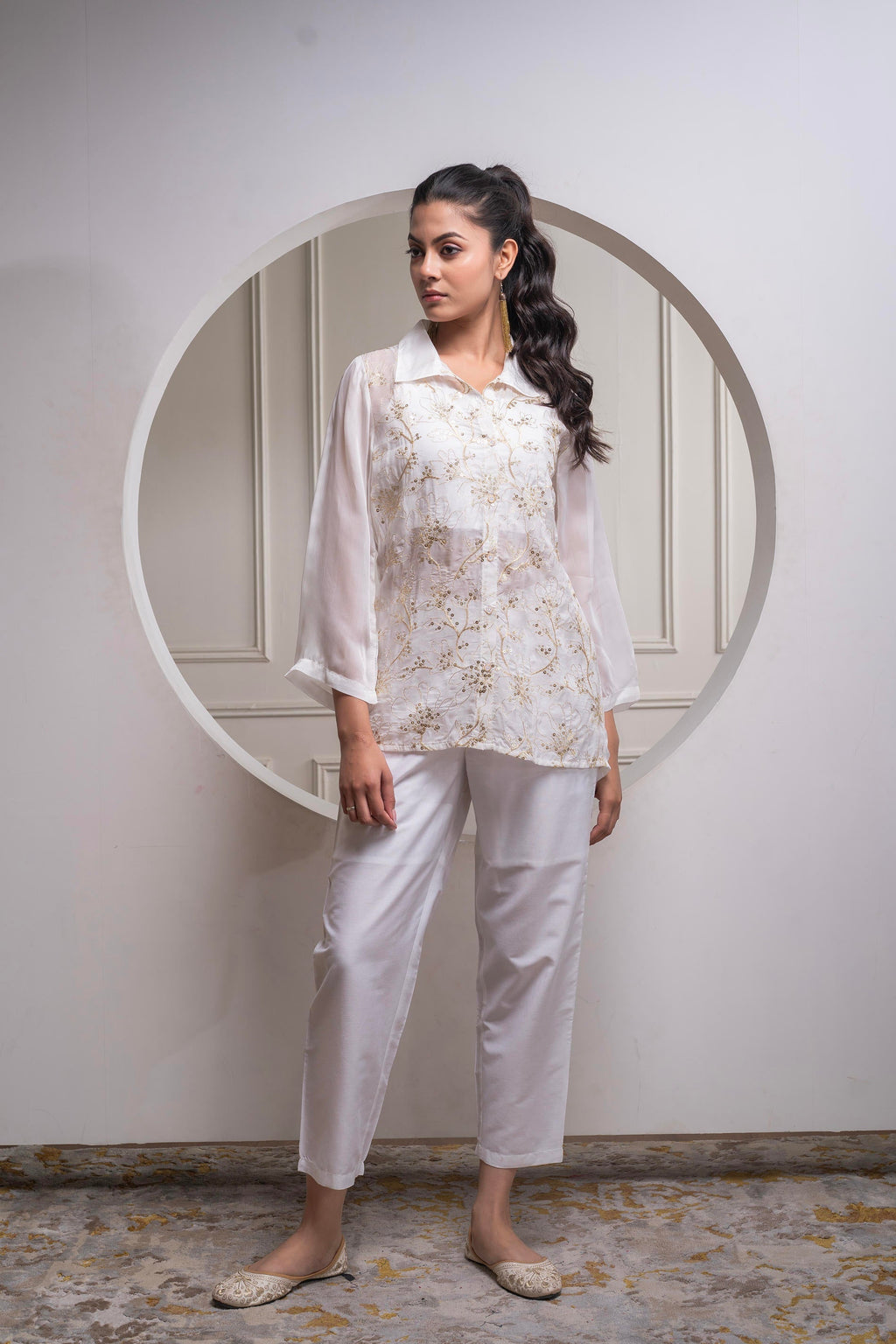 Juniper Viscose Off White Embroidered Shirt, Cami & Pant Co-Ord Set With Zari Work | Grocsy