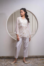 Juniper Viscose Off White Embroidered Shirt, Cami & Pant Co-Ord Set With Zari Work | Grocsy