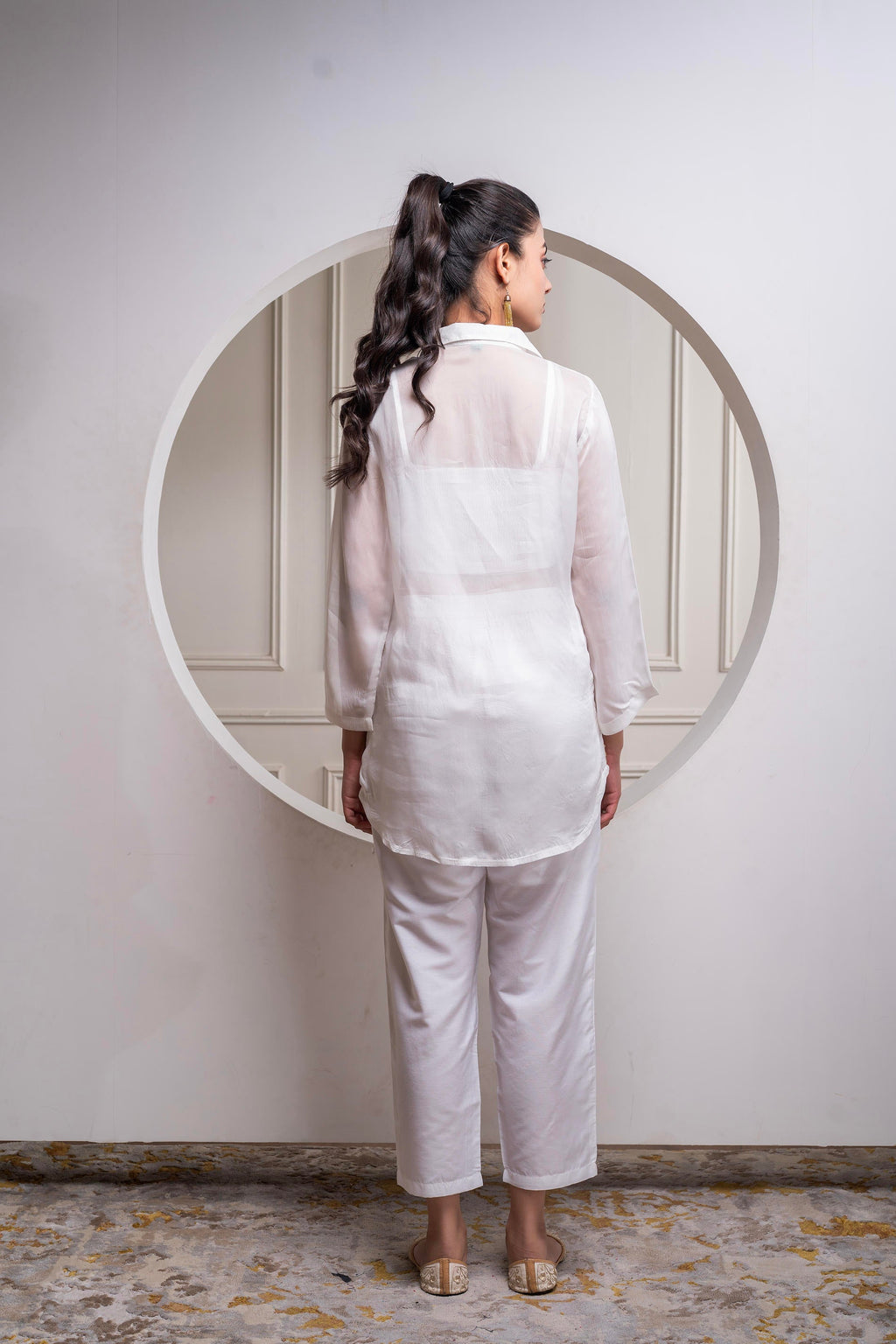 Juniper Viscose Off White Embroidered Shirt, Cami & Pant Co-Ord Set With Zari Work | Grocsy