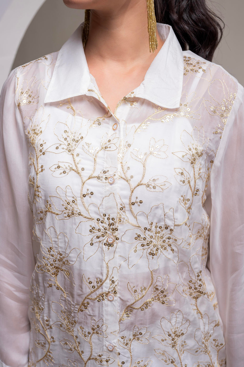 Juniper Viscose Off White Embroidered Shirt, Cami & Pant Co-Ord Set With Zari Work | Grocsy