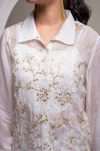 Juniper Viscose Off White Embroidered Shirt, Cami & Pant Co-Ord Set With Zari Work | Grocsy