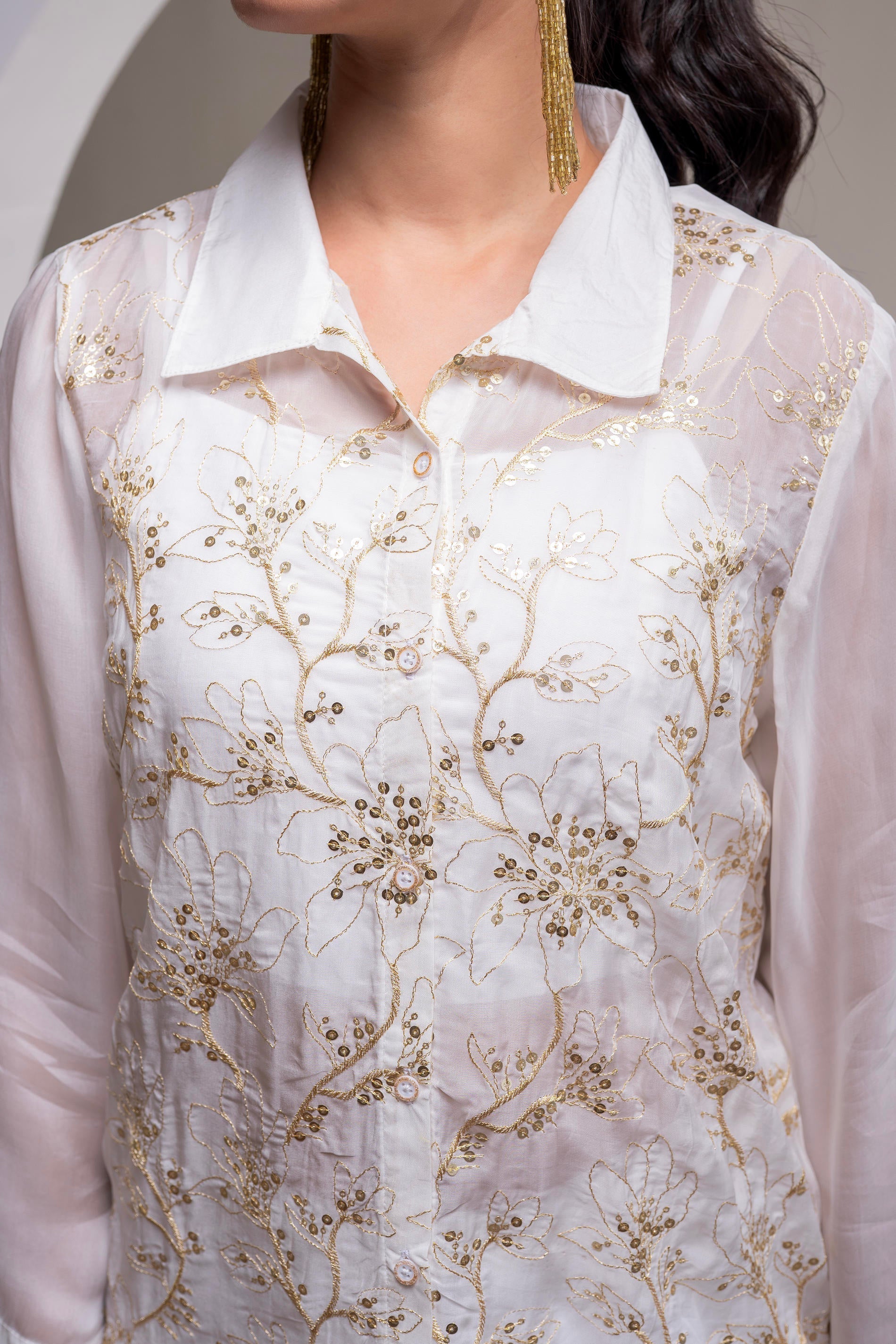 Juniper Viscose Off White Embroidered Shirt, Cami & Pant Co-Ord Set With Zari Work | Grocsy