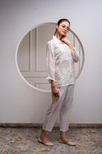 Juniper Viscose Off White Embroidered Shirt, Cami & Pant Co-Ord Set With Zari Work | Grocsy