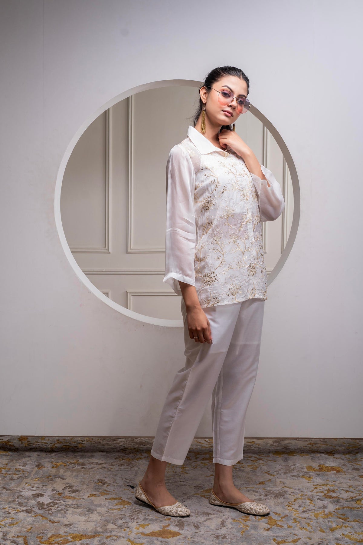 Juniper Viscose Off White Embroidered Shirt, Cami & Pant Co-Ord Set With Zari Work | Grocsy