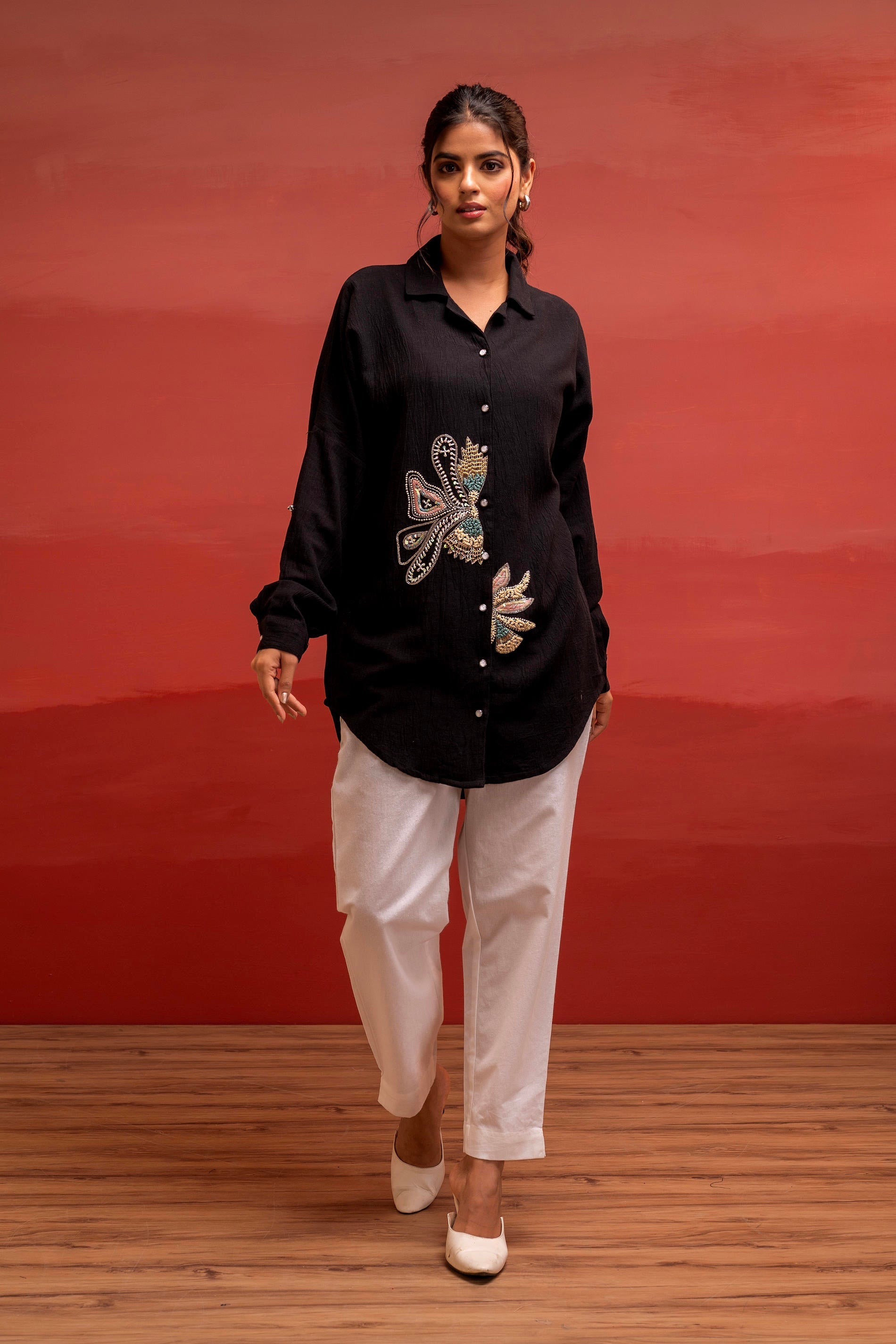 Juniper Black Solid Viscose Shirt With Beads, Sequence, And Thread Work | Grocsy