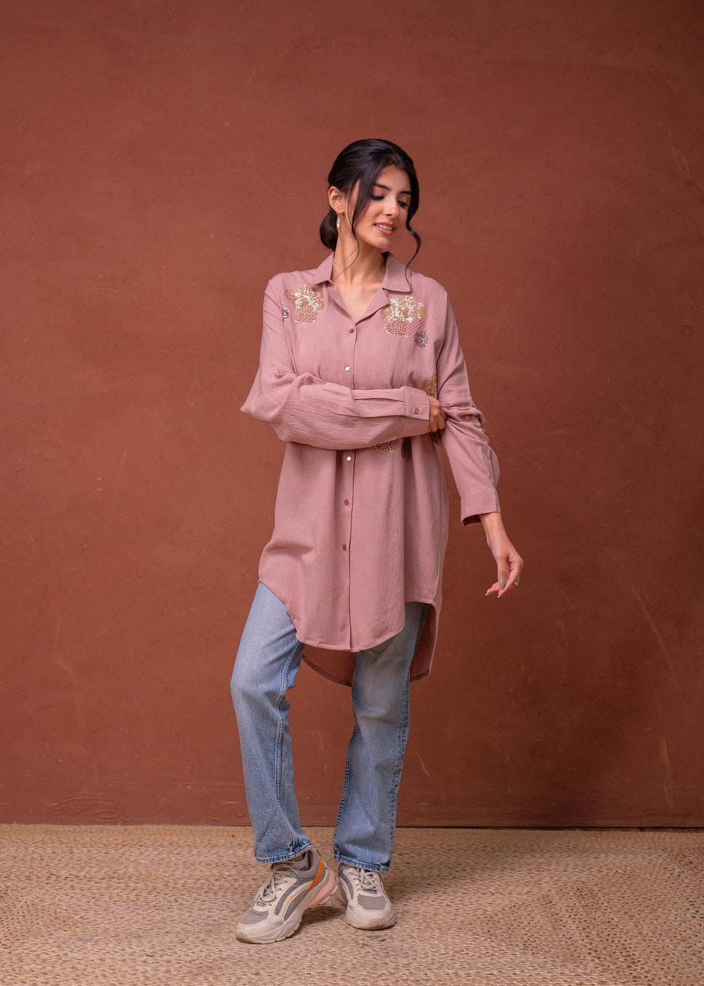 Juniper Viscose Linen Dusty Pink Embellished Shirt With Sequin & Bead Details | Grocsy
