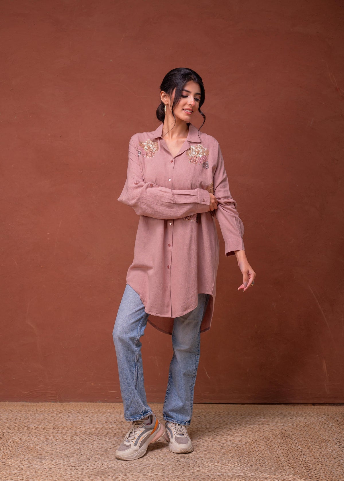 Juniper Viscose Linen Dusty Pink Embellished Shirt With Sequin & Bead Details | Grocsy