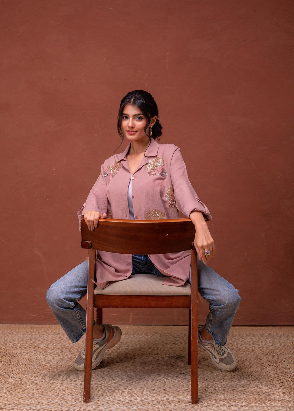 Juniper Viscose Linen Dusty Pink Embellished Shirt With Sequin & Bead Details | Grocsy