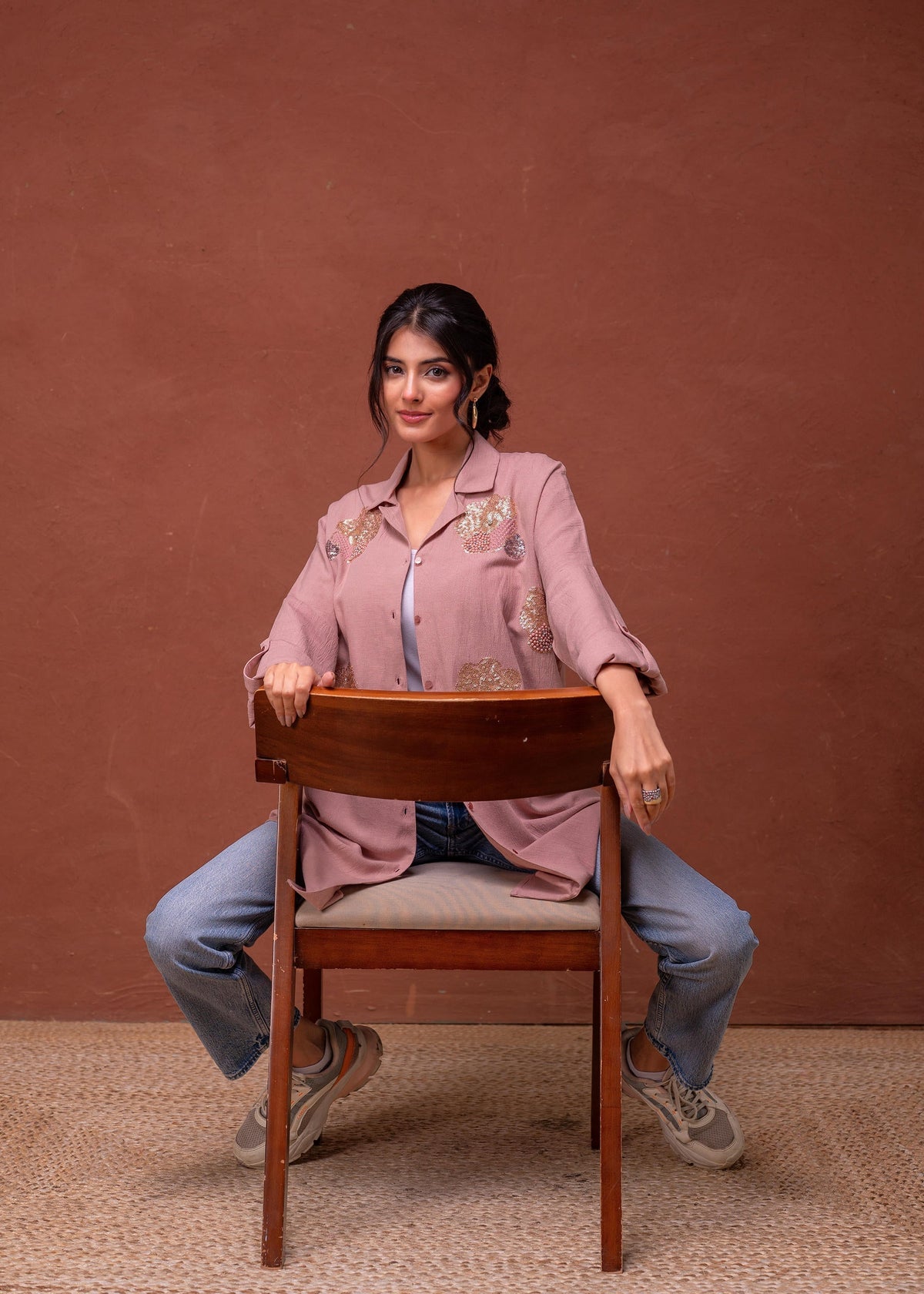 Juniper Viscose Linen Dusty Pink Embellished Shirt With Sequin & Bead Details | Grocsy