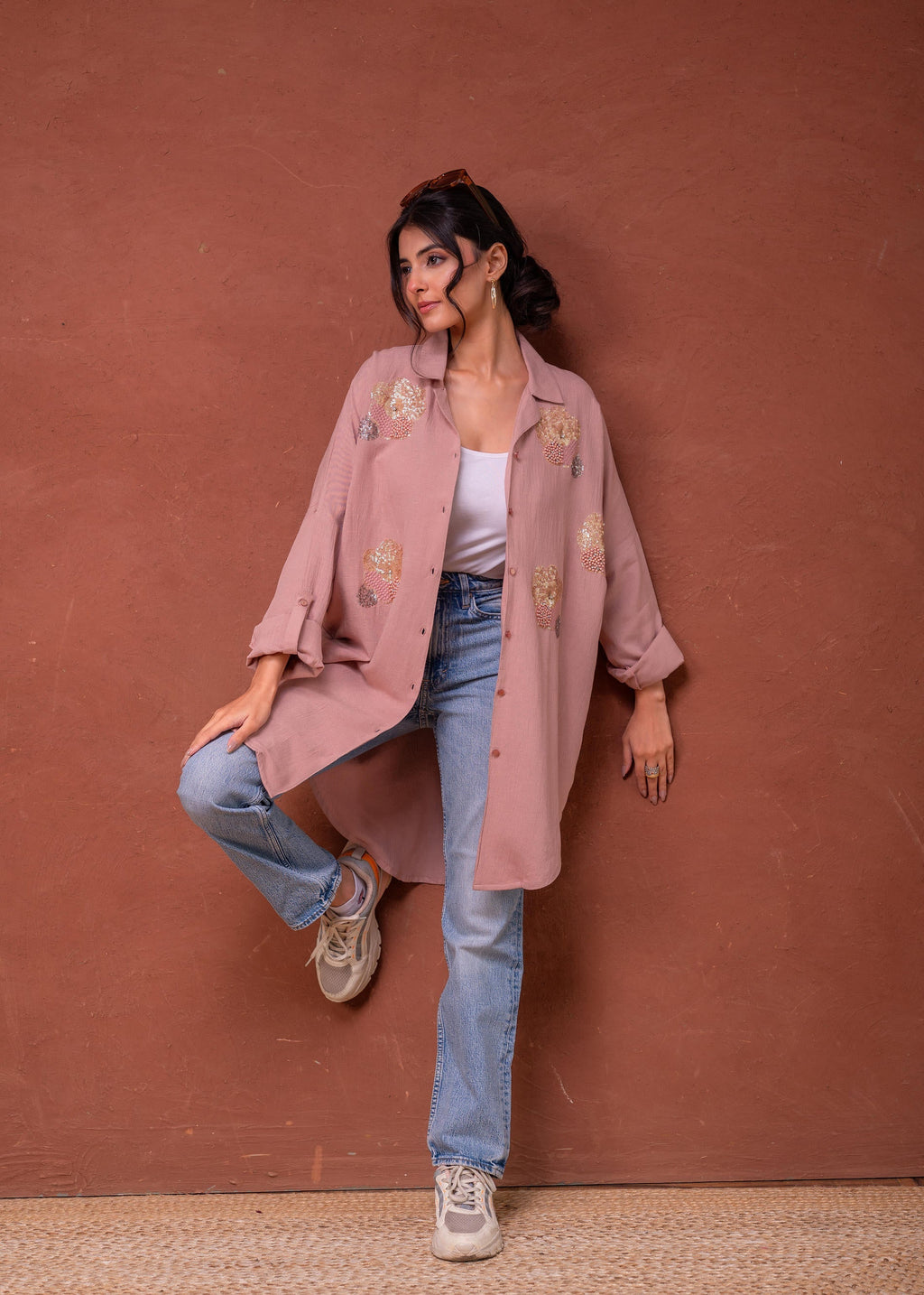 Juniper Viscose Linen Dusty Pink Embellished Shirt With Sequin & Bead Details | Grocsy