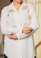 Juniper Viscose Linen Off White Embellished Shirt With Sequin & Bead Details | Grocsy
