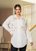 Juniper Viscose Linen Off White Embellished Shirt With Sequin & Bead Details | Grocsy