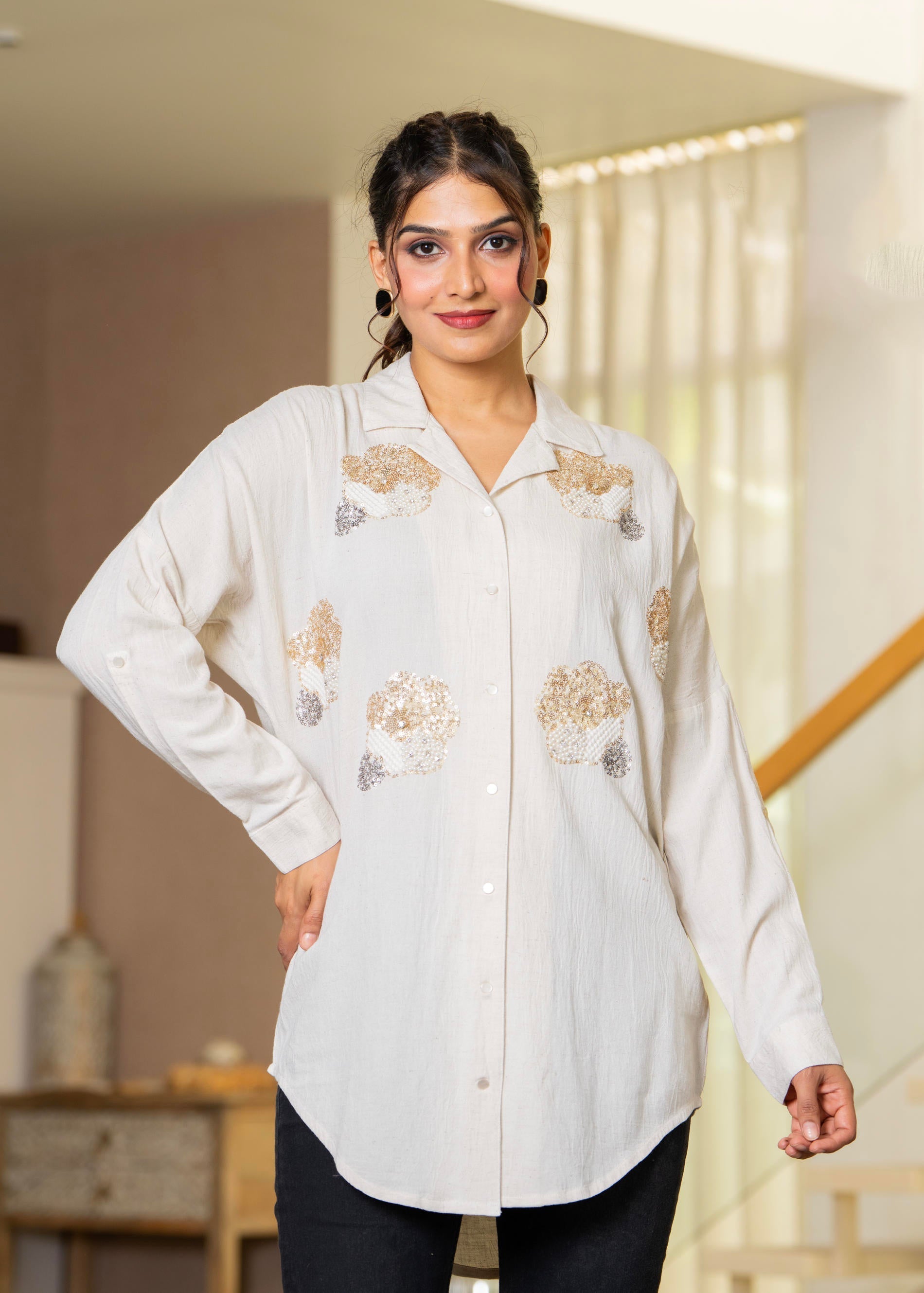Juniper Viscose Linen Off White Embellished Shirt With Sequin & Bead Details | Grocsy