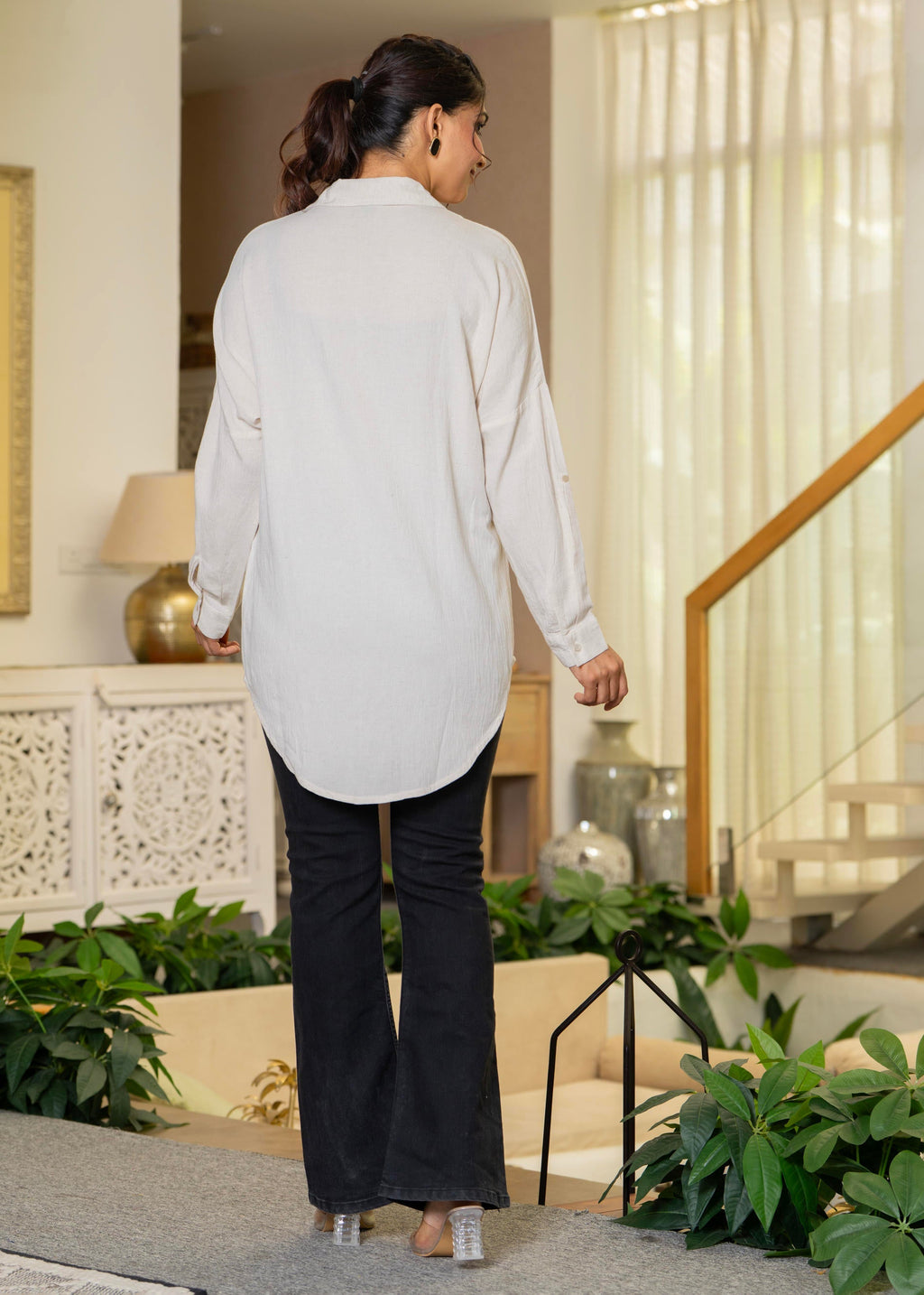 Juniper Viscose Linen Off White Embellished Shirt With Sequin & Bead Details | Grocsy