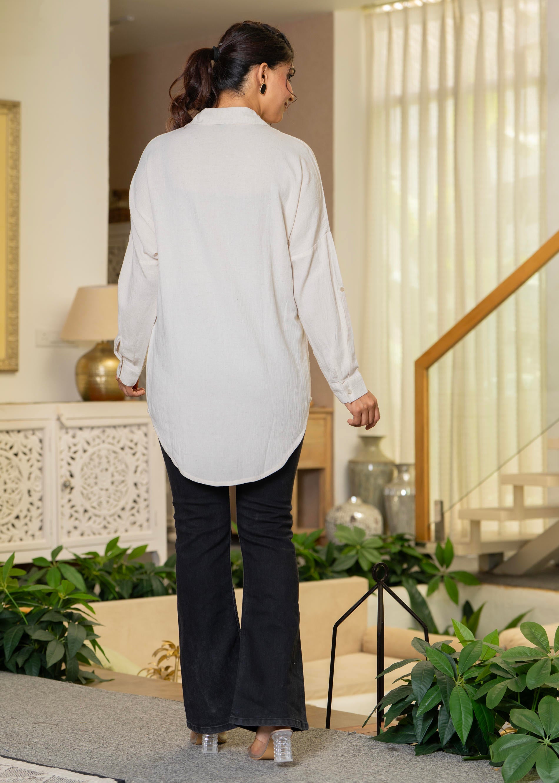 Juniper Viscose Linen Off White Embellished Shirt With Sequin & Bead Details | Grocsy