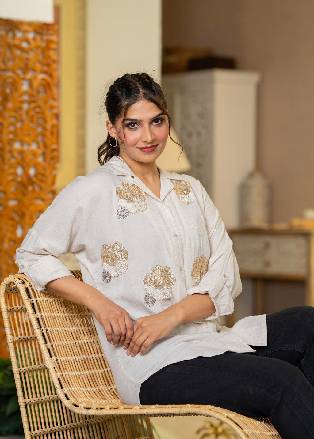 Juniper Viscose Linen Off White Embellished Shirt With Sequin & Bead Details | Grocsy