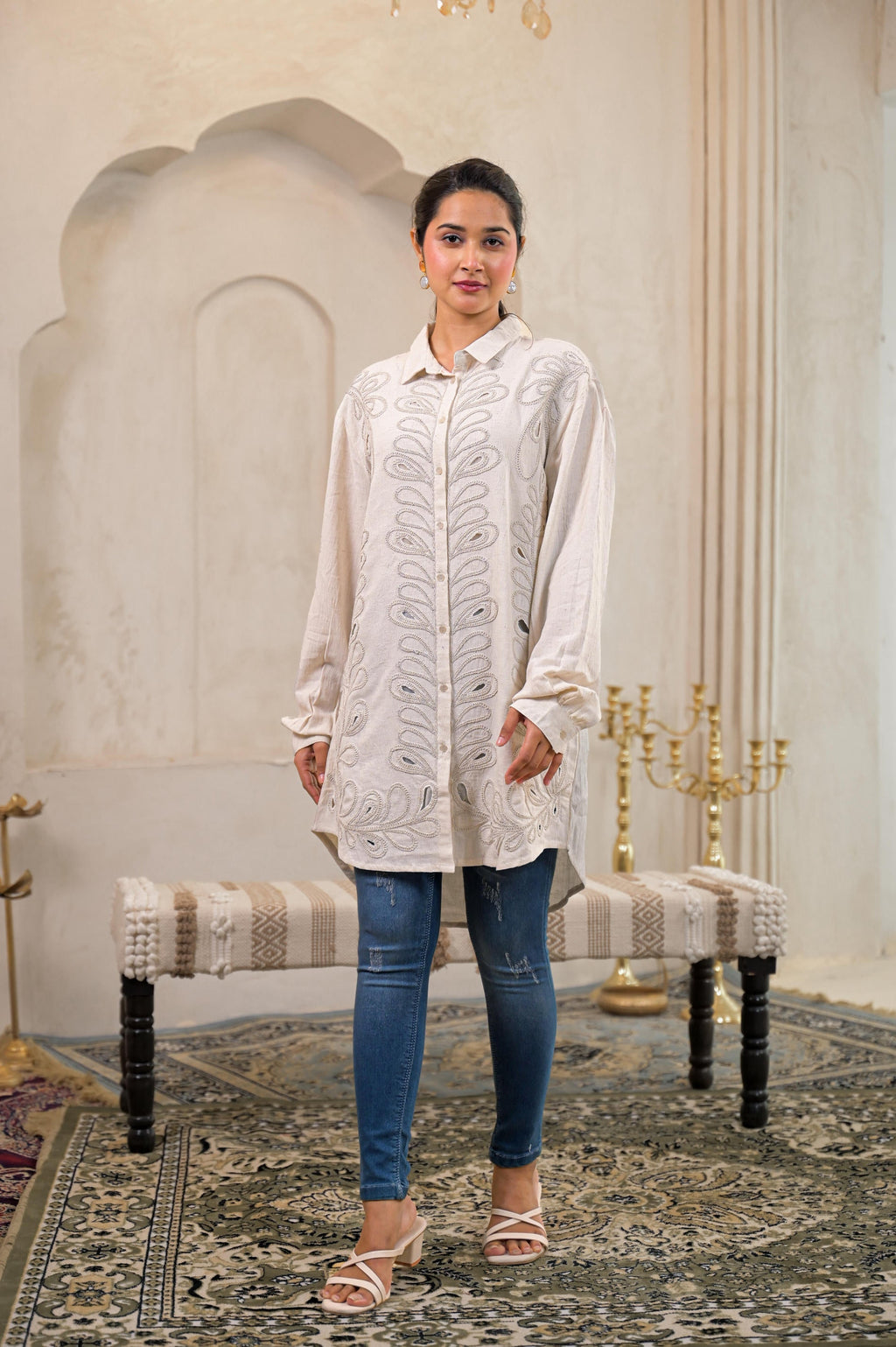 Juniper Off-White Embroidered Viscose-Linen Shirt With Zari Work | Grocsy
