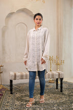 Juniper Off-White Embroidered Viscose-Linen Shirt With Zari Work | Grocsy