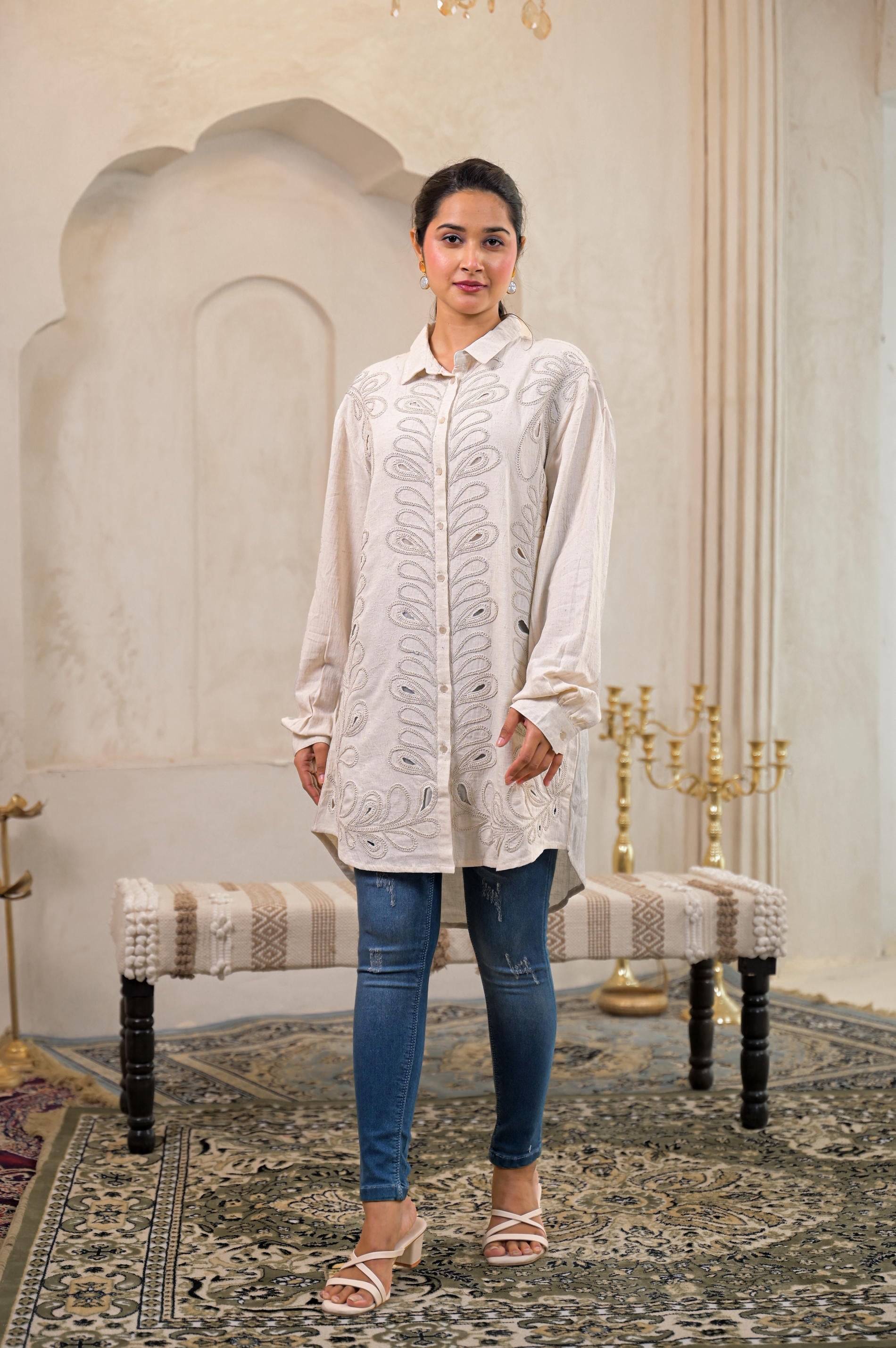 Juniper Off-White Embroidered Viscose-Linen Shirt With Zari Work | Grocsy