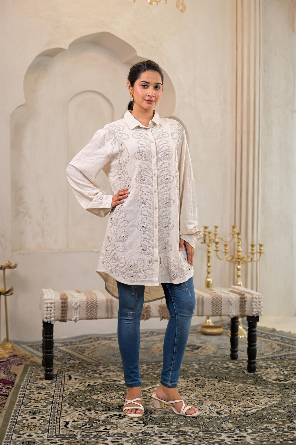 Juniper Off-White Embroidered Viscose-Linen Shirt With Zari Work | Grocsy