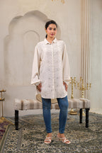 Juniper Off-White Embroidered Viscose-Linen Shirt With Zari Work | Grocsy