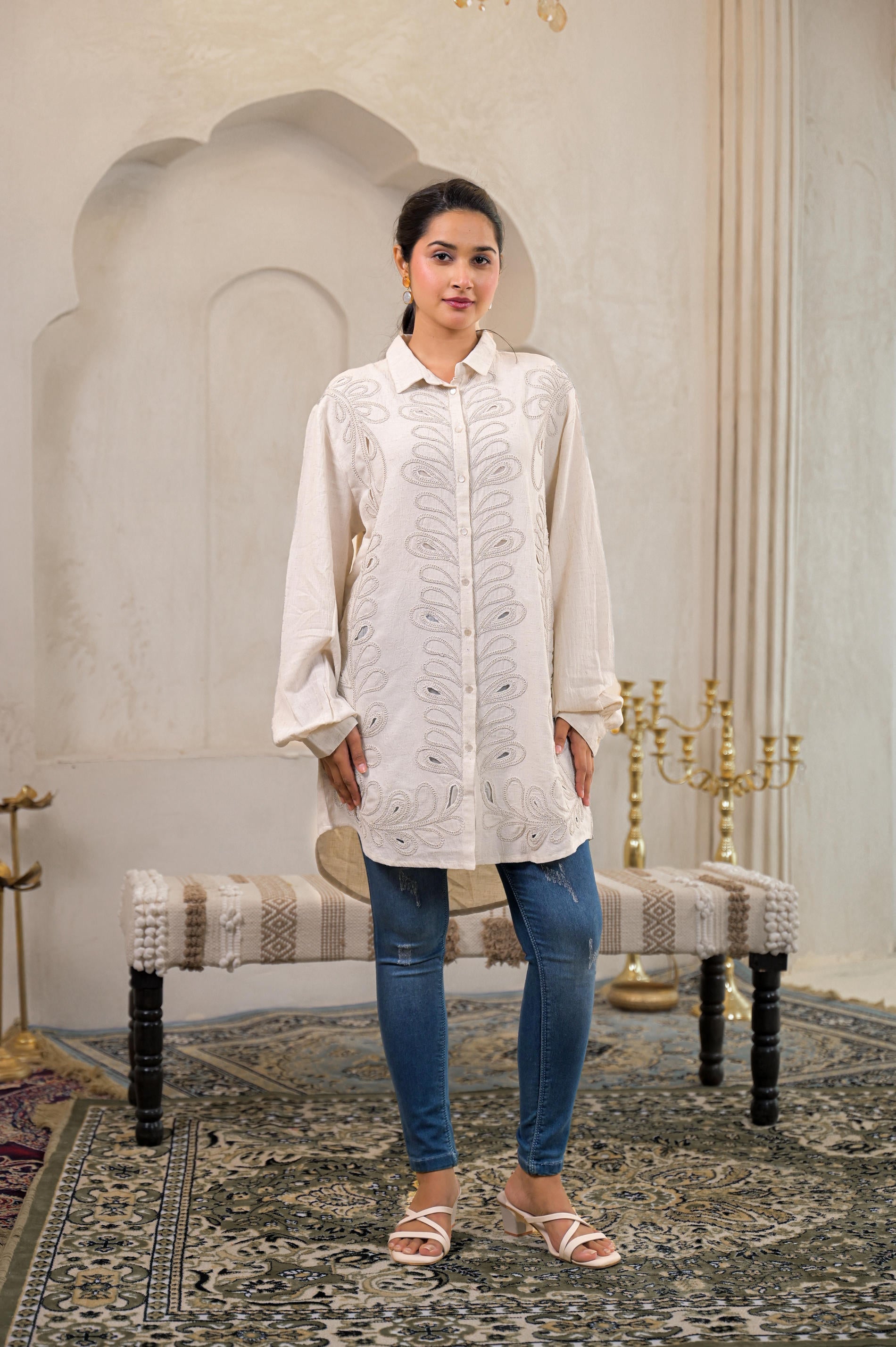 Juniper Off-White Embroidered Viscose-Linen Shirt With Zari Work | Grocsy