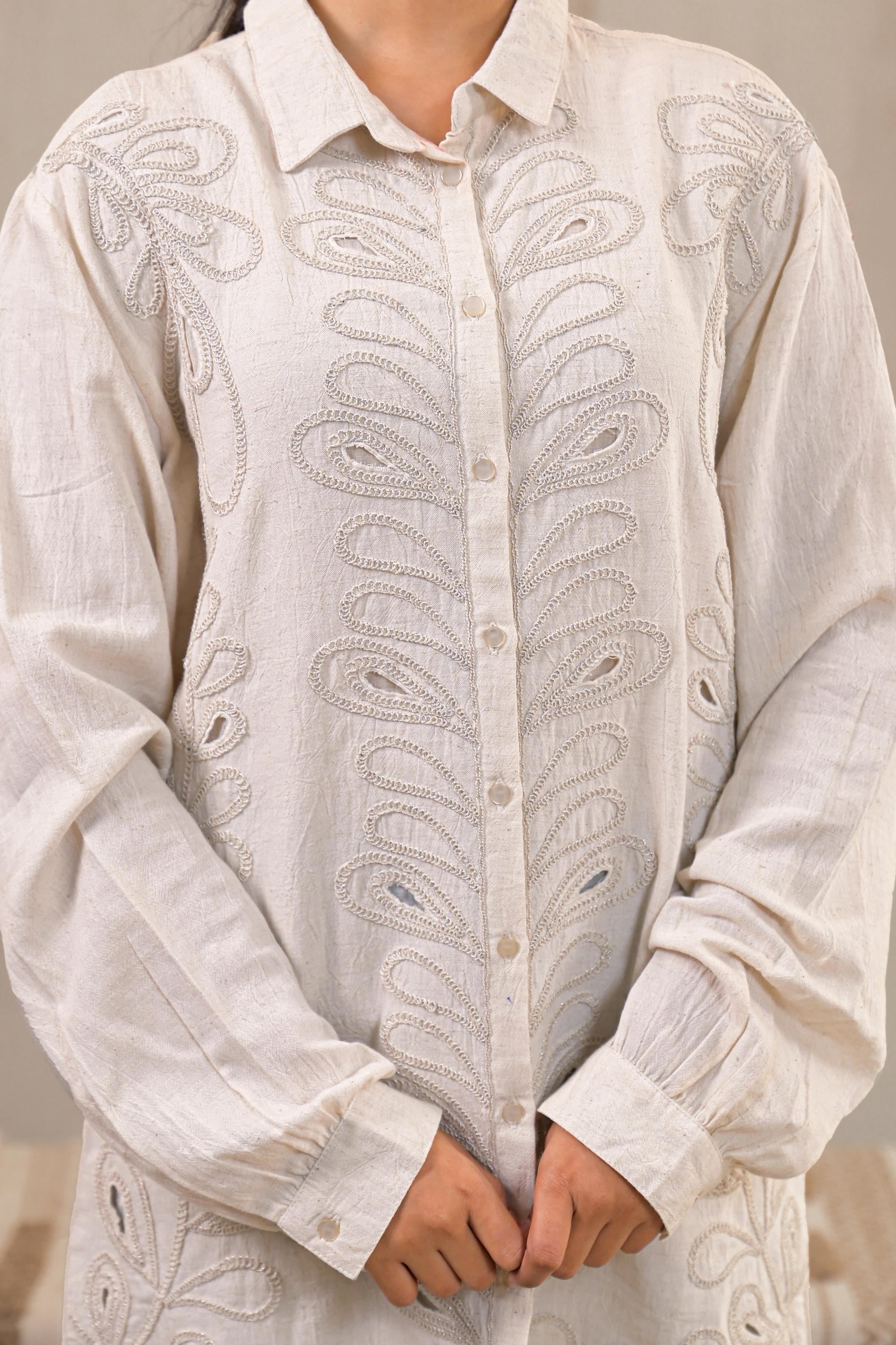 Juniper Off-White Embroidered Viscose-Linen Shirt With Zari Work | Grocsy