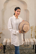Juniper Off-White Embroidered Viscose-Linen Shirt With Zari Work | Grocsy