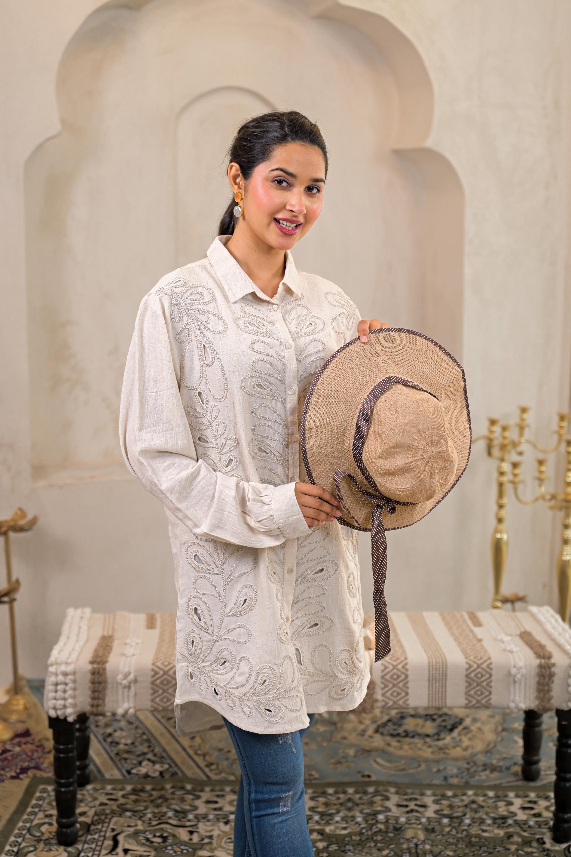 Juniper Off-White Embroidered Viscose-Linen Shirt With Zari Work | Grocsy