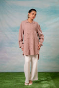 Juniper Pink Embroidered Viscose-Linen Shirt With Zari Work | Grocsy