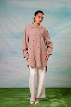 Juniper Pink Embroidered Viscose-Linen Shirt With Zari Work | Grocsy