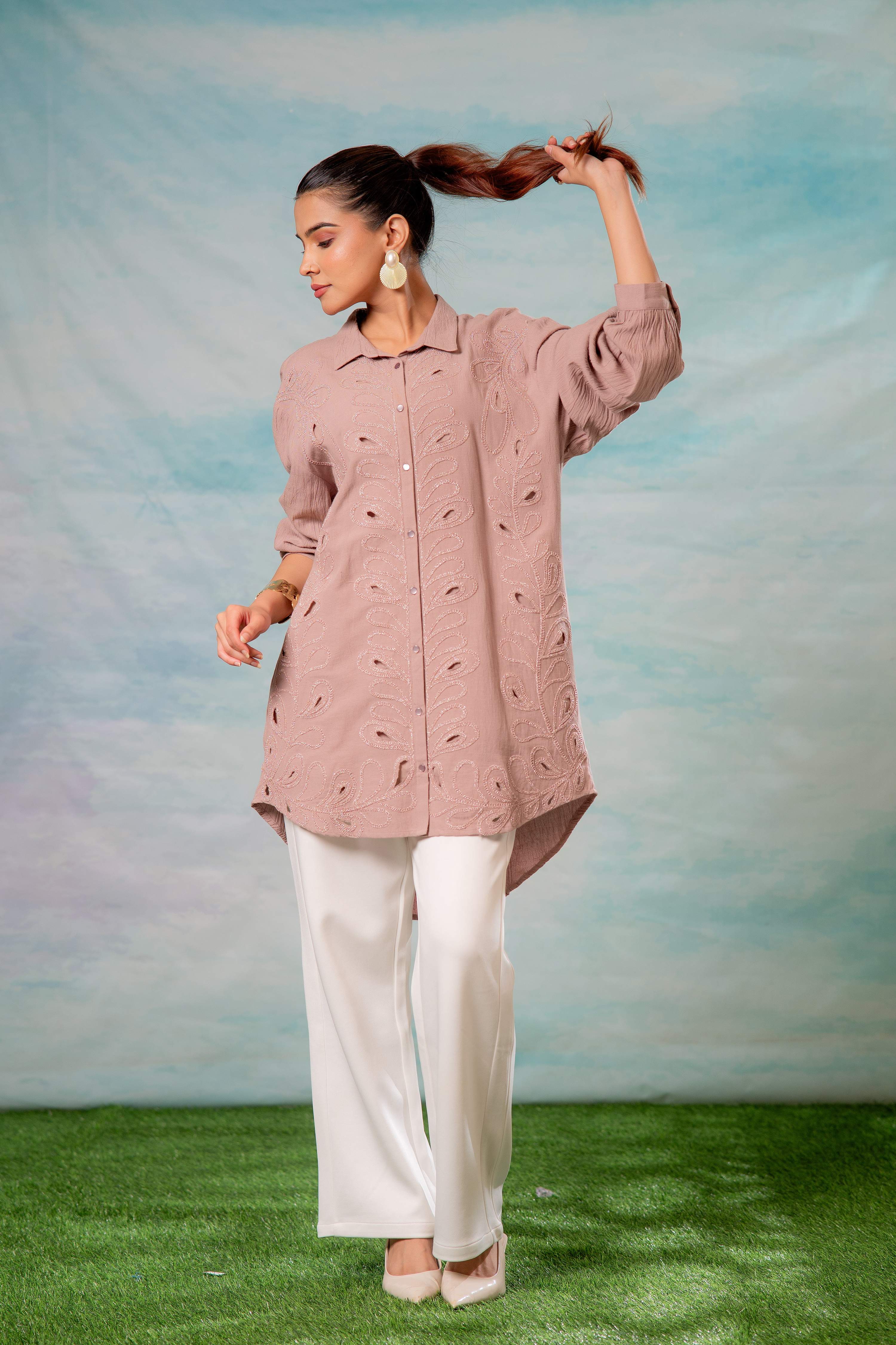 Juniper Pink Embroidered Viscose-Linen Shirt With Zari Work | Grocsy
