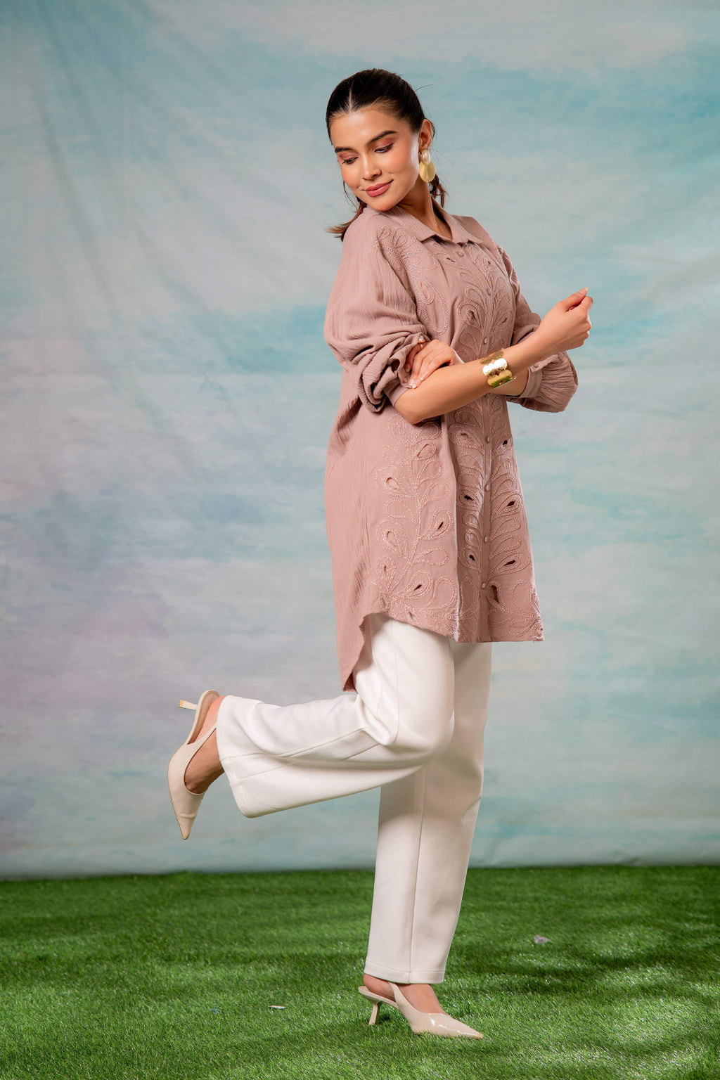 Juniper Pink Embroidered Viscose-Linen Shirt With Zari Work | Grocsy