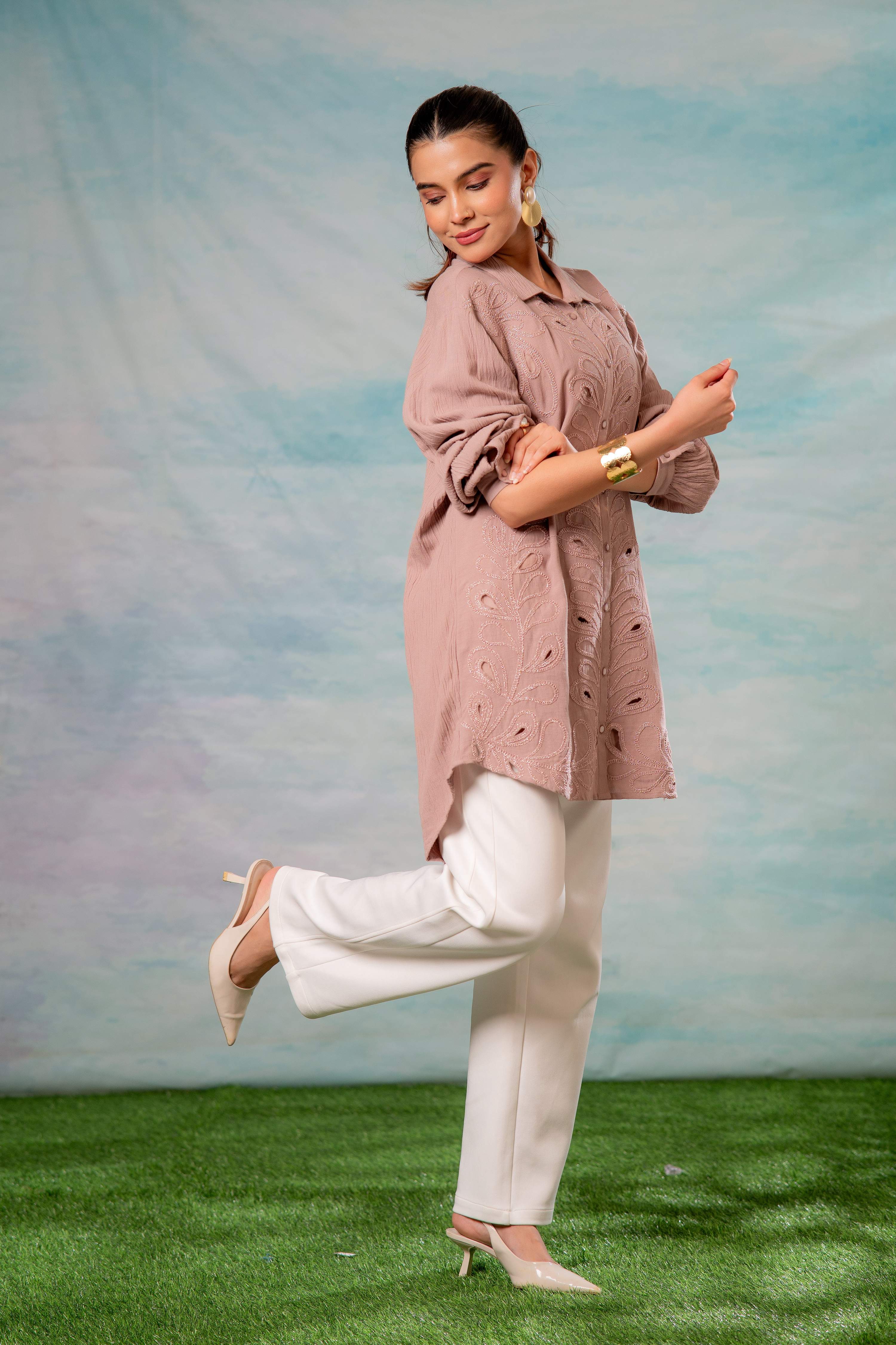 Juniper Pink Embroidered Viscose-Linen Shirt With Zari Work | Grocsy
