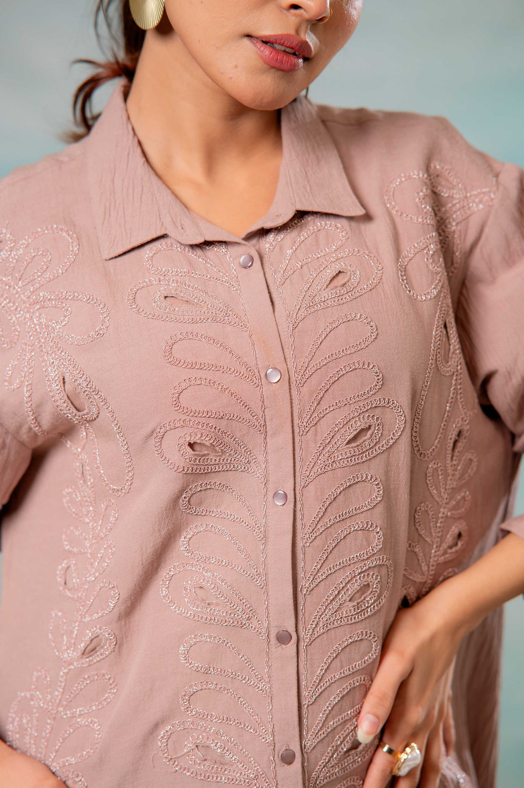 Juniper Pink Embroidered Viscose-Linen Shirt With Zari Work | Grocsy