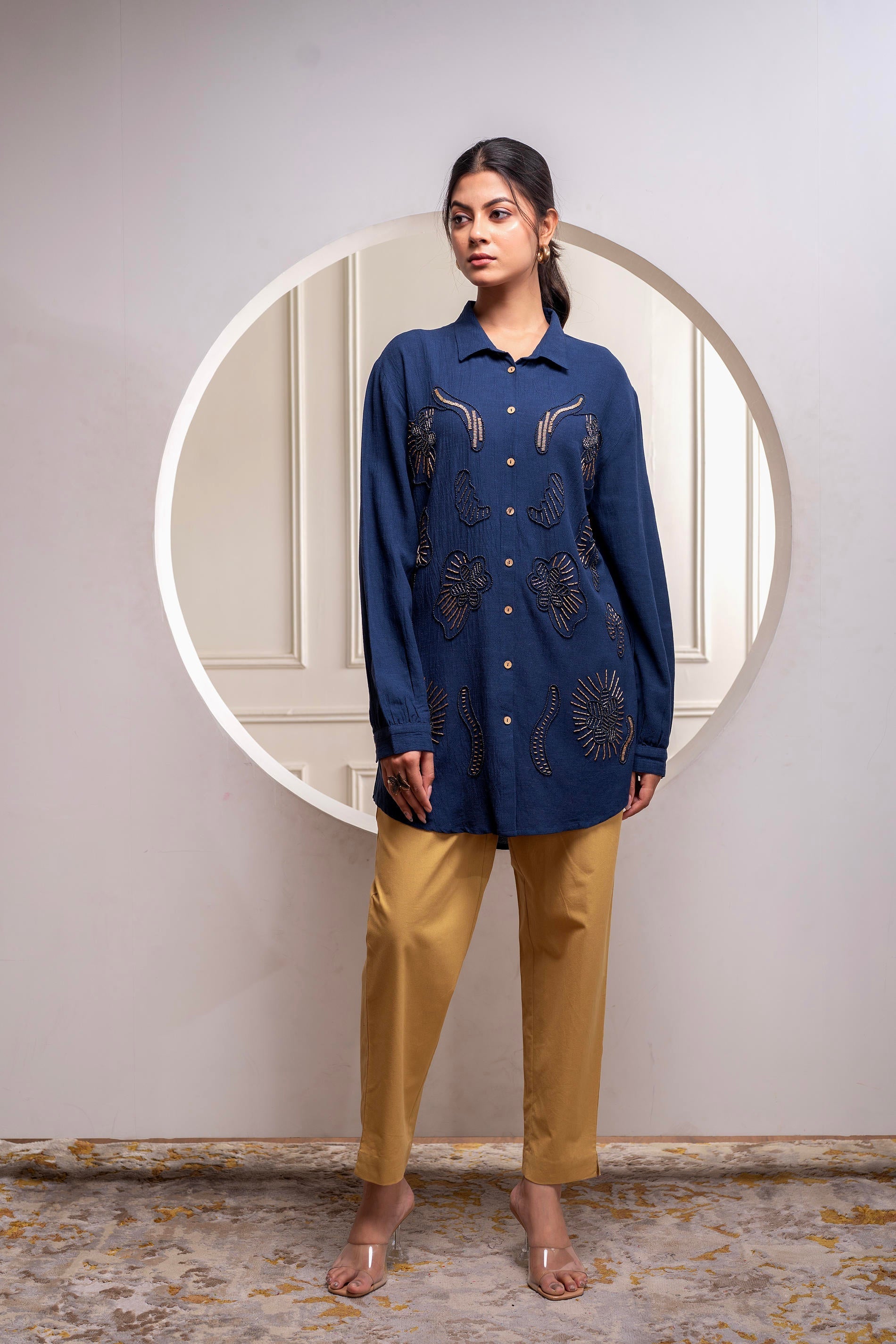 Juniper Navy Solid Viscose Shirt With Beads And Sequence Work | Grocsy