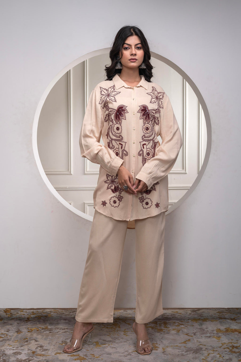 Juniper Viscose Linen Cream Maroon Embellished Shirt And Pant Co-Ord Set With Sequin & Bead Details | Grocsy