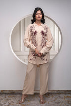 Juniper Viscose Linen Cream Maroon Embellished Shirt And Pant Co-Ord Set With Sequin & Bead Details | Grocsy