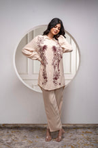 Juniper Viscose Linen Cream Maroon Embellished Shirt And Pant Co-Ord Set With Sequin & Bead Details | Grocsy