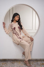 Juniper Viscose Linen Cream Maroon Embellished Shirt And Pant Co-Ord Set With Sequin & Bead Details | Grocsy