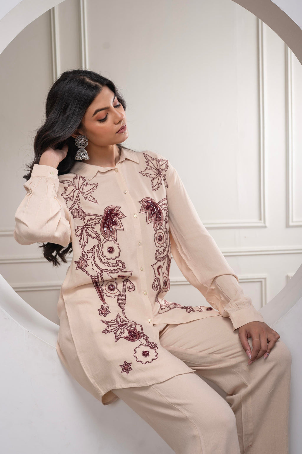 Juniper Viscose Linen Cream Maroon Embellished Shirt And Pant Co-Ord Set With Sequin & Bead Details | Grocsy