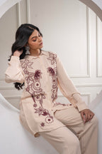 Juniper Viscose Linen Cream Maroon Embellished Shirt And Pant Co-Ord Set With Sequin & Bead Details | Grocsy